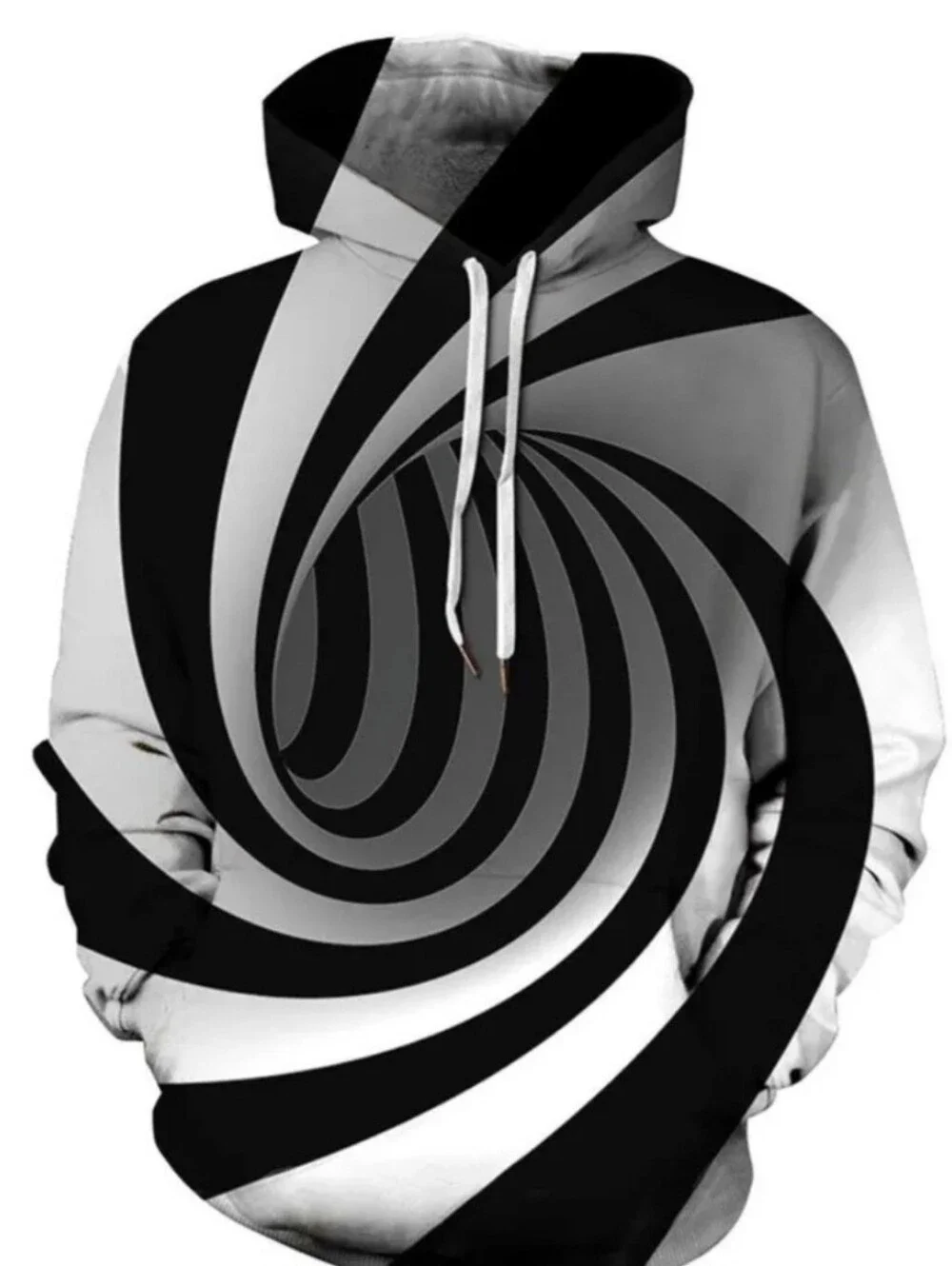 Black & White Spiral Graphic Optical Illusion Swirl Hoodie Unisex Front Pocket